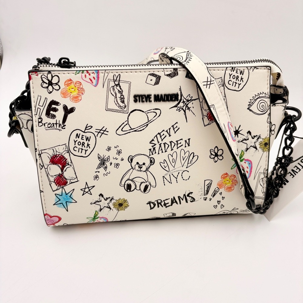 Steve Madden Graffiti Print BLEXI Crossbody Bag White Black Chain Strap Top Zip - Picture 3 of 12